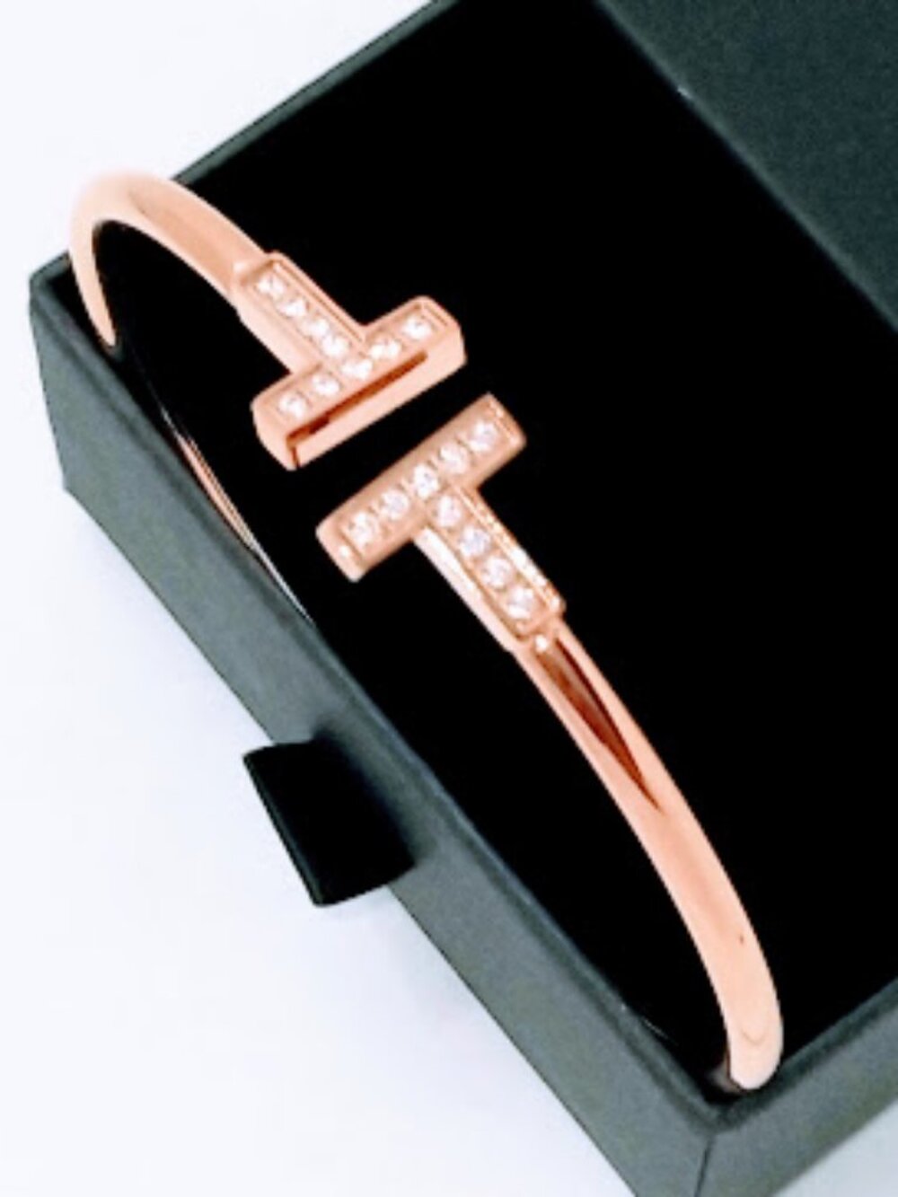 18k Gold Plated "T" Bangle Bracelet with Cubic Zirconia 316L Steel Trendy Love